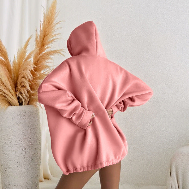 Solid color loose drawstring autumn and winter long sleeved hoodie