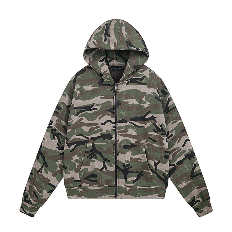 Vintage Camouflage Fleece Lined Hooded Cardigan Coat Unisex  Trendy Design Casual Loose Sweatshirt