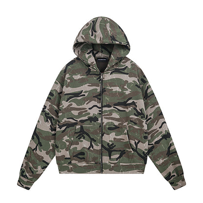 Vintage Camouflage Fleece Lined Hooded Cardigan Coat Unisex  Trendy Design Casual Loose Sweatshirt