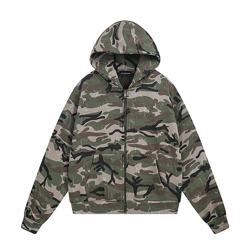 Vintage Camouflage Fleece Lined Hooded Cardigan Coat Unisex  Trendy Design Casual Loose Sweatshirt