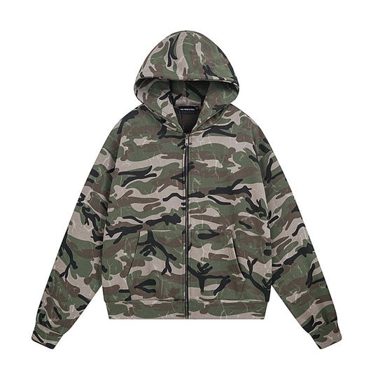 Vintage Camouflage Fleece Lined Hooded Cardigan Coat Unisex  Trendy Design Casual Loose Sweatshirt