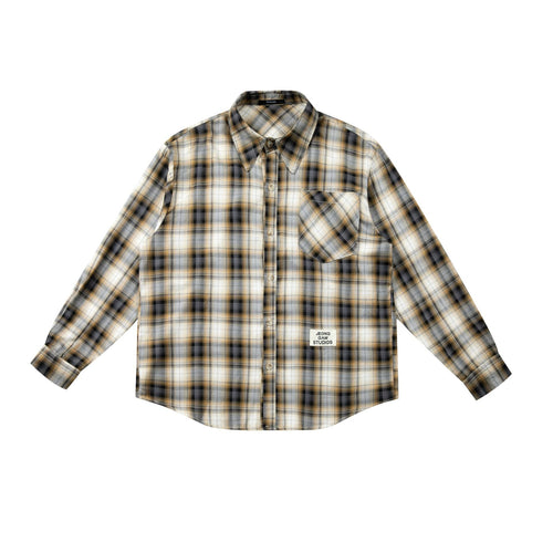 Color-block Plaid Patch Pocket Embroidered Logo Loose Long Sleeve Shirt