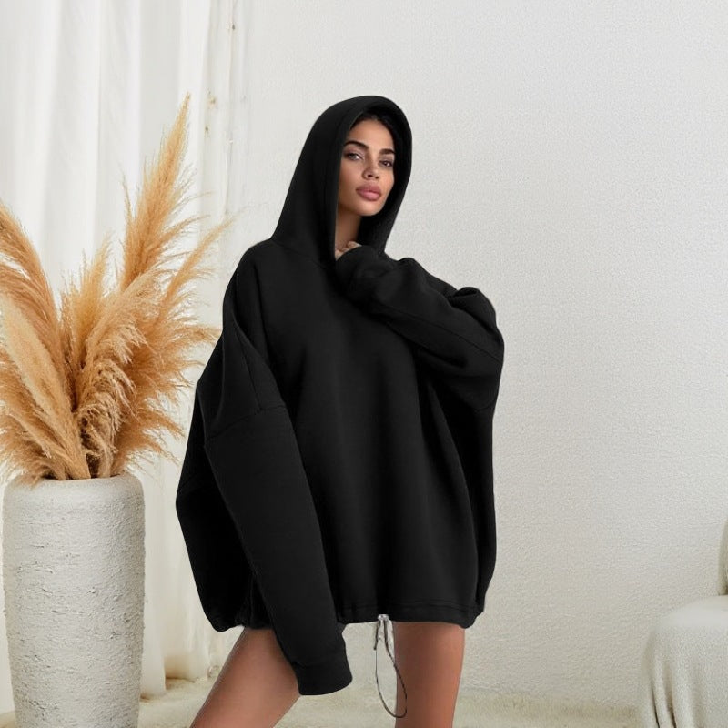 Solid color loose drawstring autumn and winter long sleeved hoodie