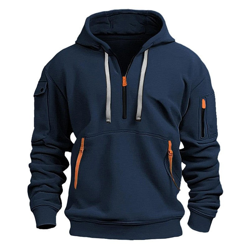 Casual Men's Hooded Zip-Up Sweatshirt with Multiple Pockets Thick Fabric Oversized Fit Autumn/Winter Sport Jacket