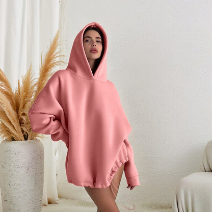 Solid color loose drawstring autumn and winter long sleeved hoodie