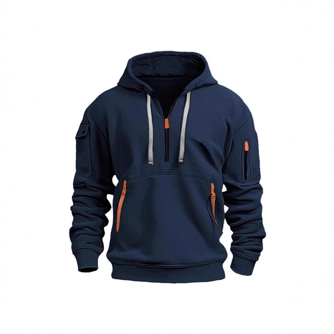 Casual Men's Hooded Zip-Up Sweatshirt with Multiple Pockets Thick Fabric Oversized Fit Autumn/Winter Sport Jacket