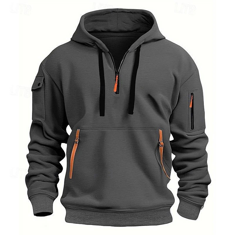 Casual Men's Hooded Zip-Up Sweatshirt with Multiple Pockets Thick Fabric Oversized Fit Autumn/Winter Sport Jacket