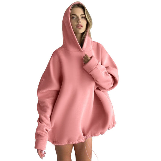 Solid color loose drawstring autumn and winter long sleeved hoodie