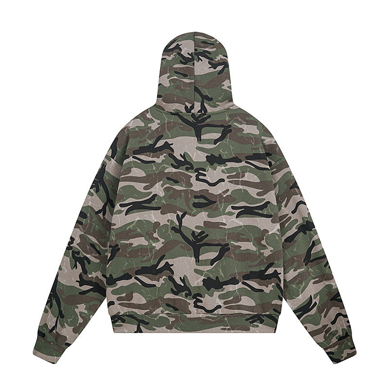 Vintage Camouflage Fleece Lined Hooded Cardigan Coat Unisex  Trendy Design Casual Loose Sweatshirt