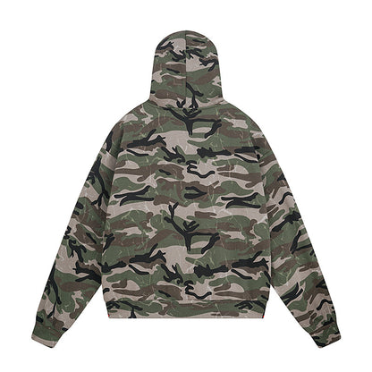 Vintage Camouflage Fleece Lined Hooded Cardigan Coat Unisex  Trendy Design Casual Loose Sweatshirt