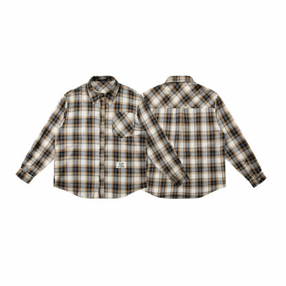 Color-block Plaid Patch Pocket Embroidered Logo Loose Long Sleeve Shirt