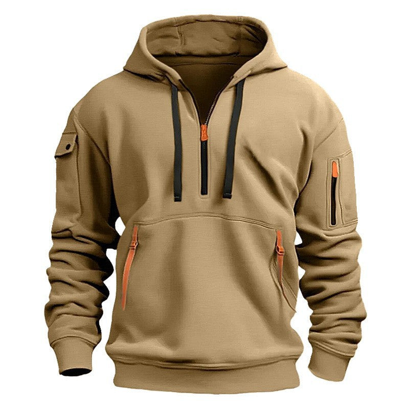 Casual Men's Hooded Zip-Up Sweatshirt with Multiple Pockets Thick Fabric Oversized Fit Autumn/Winter Sport Jacket