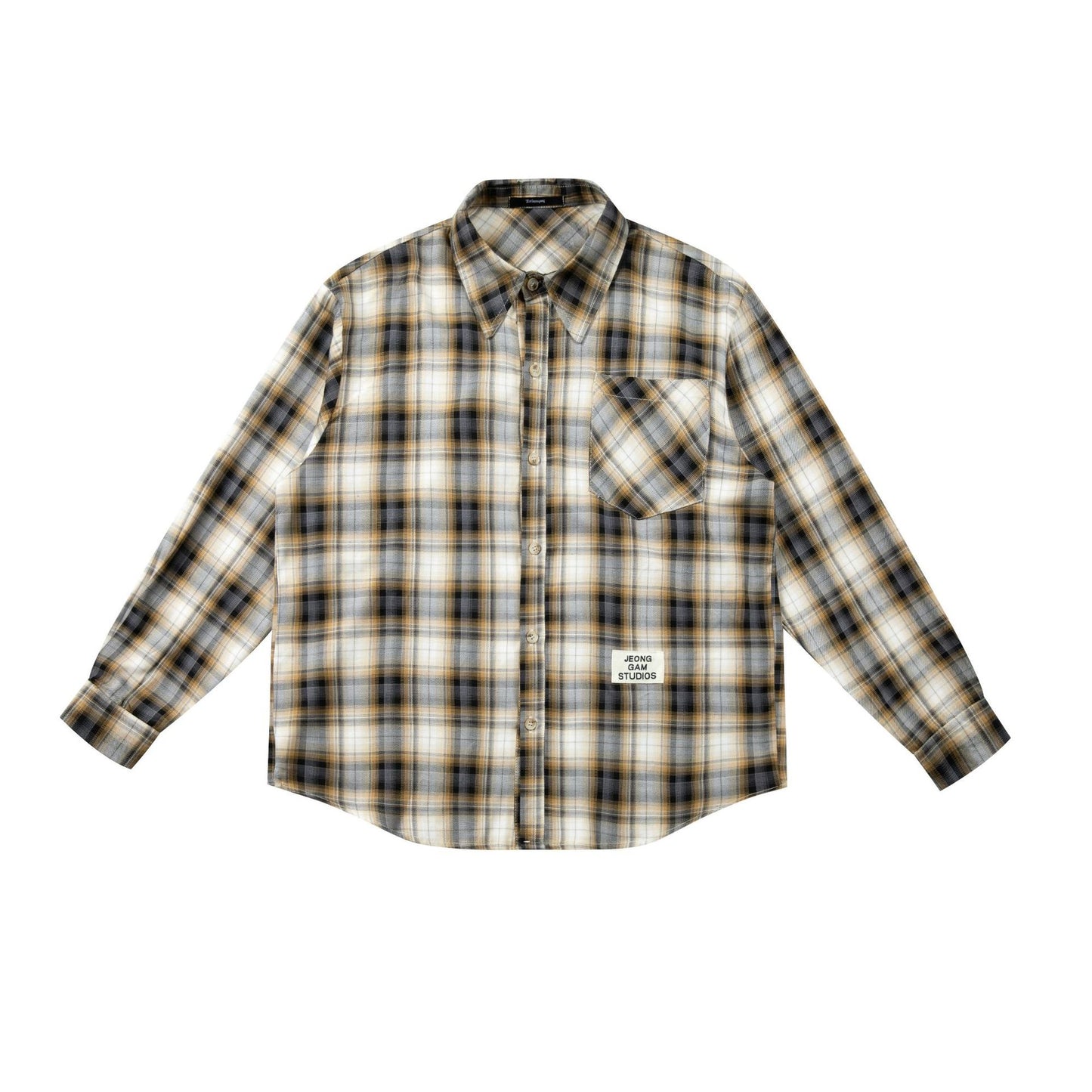 Color-block Plaid Patch Pocket Embroidered Logo Loose Long Sleeve Shirt